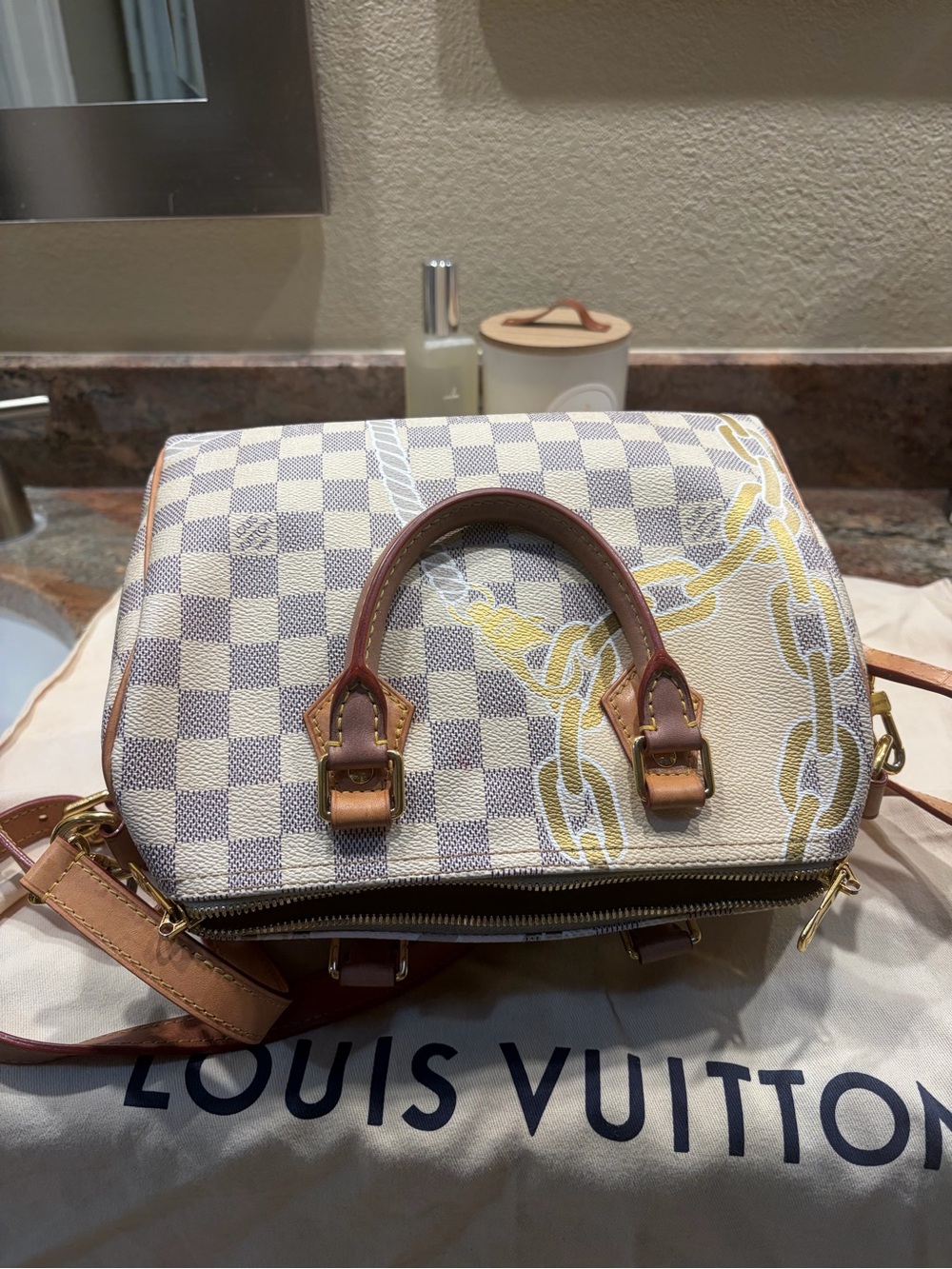 Louis Vuitton Damier Azur Chain Print Speedy Bandoulière - White/Tan/Gold - Picture 2 of 4